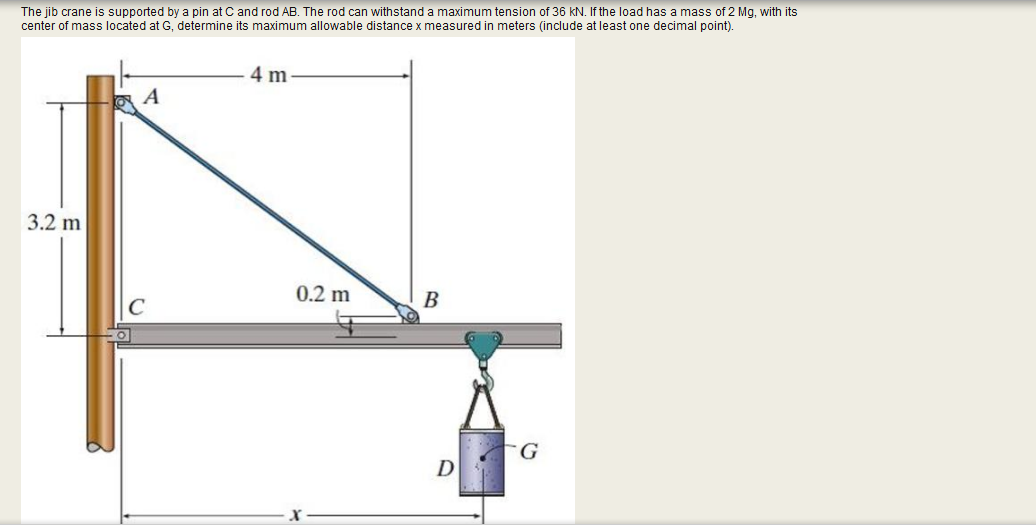 The jib crane is supported by a pin at C and rod AB. The rod can withstand a maximum tension of 36 kN. If the load has a mass of 2 Mg, with its
center of mass located at G, determine its maximum allowable distance x measured in meters (include at least one decimal point).
4 m
3.2 m
0.2 m
В
G.
D
