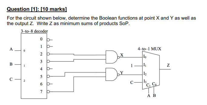 Question [1]: [10 marks]
For the circuit shown below, determine the Boolean functions at point X and Y as well as
the output Z. Write Z as minimum sums of products SoP.
3-to-8 decoder
0 b-
1 b-
A
4 to-1 MUX
2 b
3 b
B
1
1
I2
2
C-
6 b-
7 b
A B
