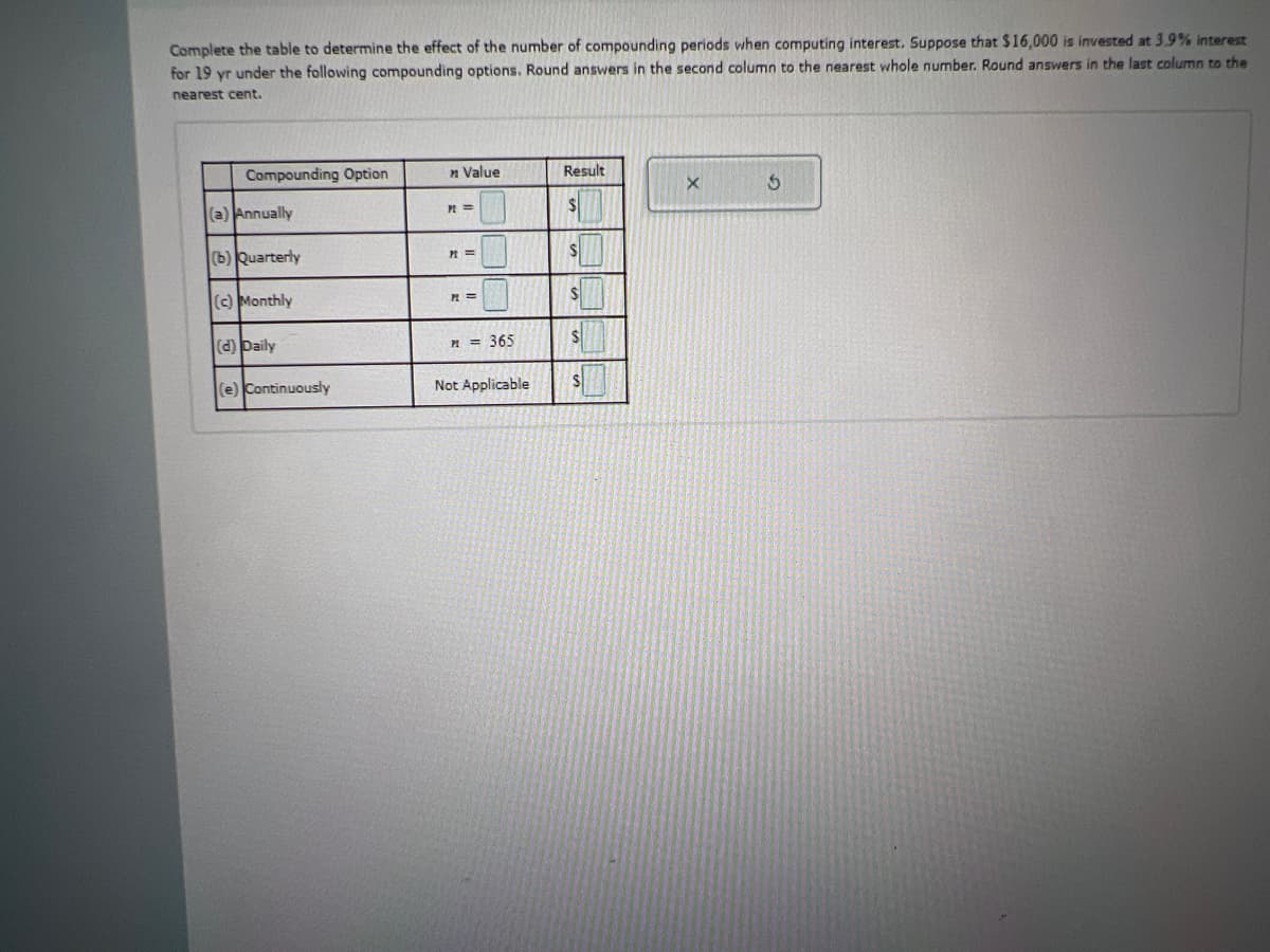 Complete the table to determine the effect of the number of compounding periods when computing interest. Suppose that $16,000 is invested at 3.9% interest
for 19 yr under the following compounding options. Round answers in the second column to the nearest whole number. Round answers in the last column to the
nearest cent.
Compounding Option
(a) Annually
(b) Quarterly
(c) Monthly
(d) Daily
(e) Continuously
> Value
PL =
Pt ==
PL =
P = 365
Not Applicable
Result
S
S
S
X
5