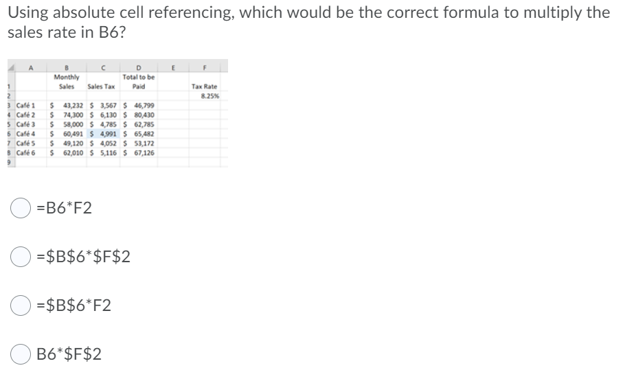 Using absolute cell referencing, which would be the correct formula to multiply the
sales rate in B6?
Monthly
Total to be
Sales
Sales Tax
Paid
Tax Rate
8.25%
3 Café 1
4 Café 2
5 Café 3
5 Café 4
7 Café 5
B Café 6
$ 43,232 $ 3,567 $ 46,799
$ 74,300 $ 6,130 $ 80,430
$ 58,000 $ 4,785 $ 62,785
$ 60,491 $ 4,991 $ 65,482
$ 49,120 S 4,052 $ 53,172
$ 62,010 $ 5,116 $ 67,126
=B6*F2
=$B$6*$F$2
=$B$6*F2
B6*$F$2
