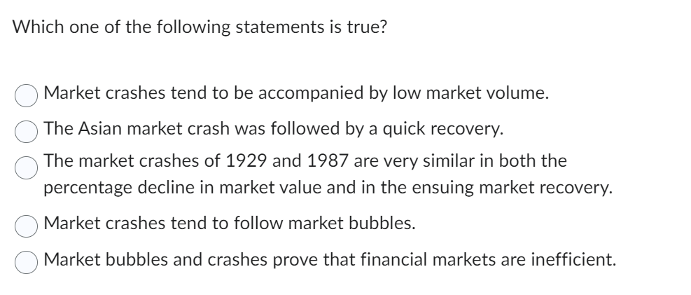 Which one of the following statements is true?
Market crashes tend to be accompanied by low market volume.
The Asian market crash was followed by a quick recovery.
The market crashes of 1929 and 1987 are very similar in both the
percentage decline in market value and in the ensuing market recovery.
Market crashes tend to follow market bubbles.
Market bubbles and crashes prove that financial markets are inefficient.