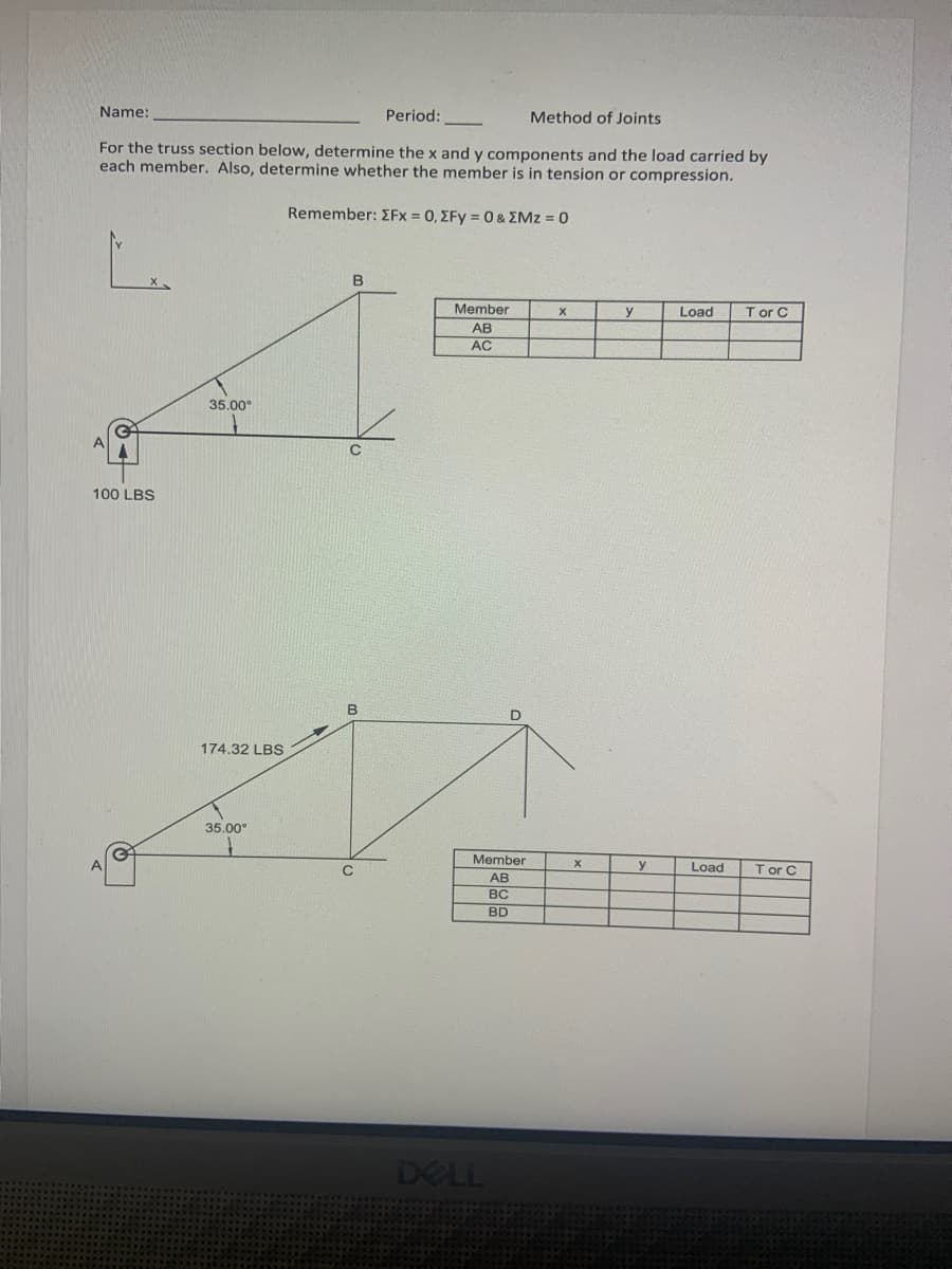 Method of Joints
For the truss section below, determine the x and y components and the load carried by
each member. Also, determine whether the member is in tension or compression.
Remember: ΣFx = 0, ΣFy = 0 & EMz = 0
Name:
100 LBS
35.00⁰
174.32 LBS
35.00°
B
B
Period:
Member
AB
AC
Member
AB
BC
BD
DELL
X
X
y
y
Load T or C
Load
T or C