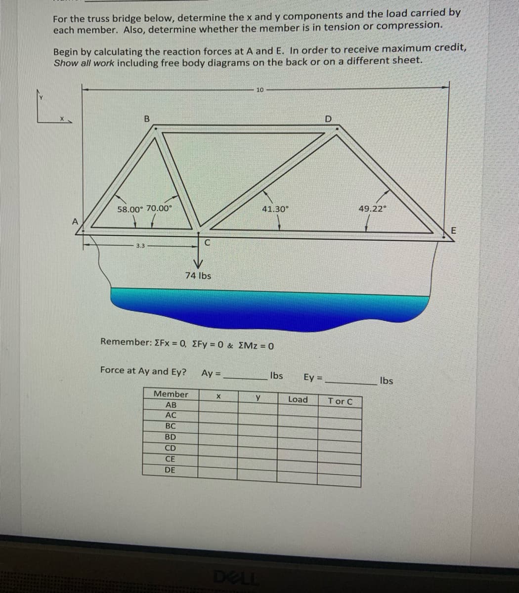 For the truss bridge below, determine the x and y components and the load carried by
each member. Also, determine whether the member is in tension or compression.
Begin by calculating the reaction forces at A and E. In order to receive maximum credit,
Show all work including free body diagrams on the back or on a different sheet.
A
58.00 70.00°
3.3
74 lbs
C
Force at Ay and Ey?
Member
AB
AC
BC
BD
CD
CE
DE
Remember: ΣFx = 0, ΣFy = 0 & EMz = 0
Ay =
10
X
у
41.30°
DELL
lbs
Ey =
Load
D
Tor C
49.22°
lbs
E