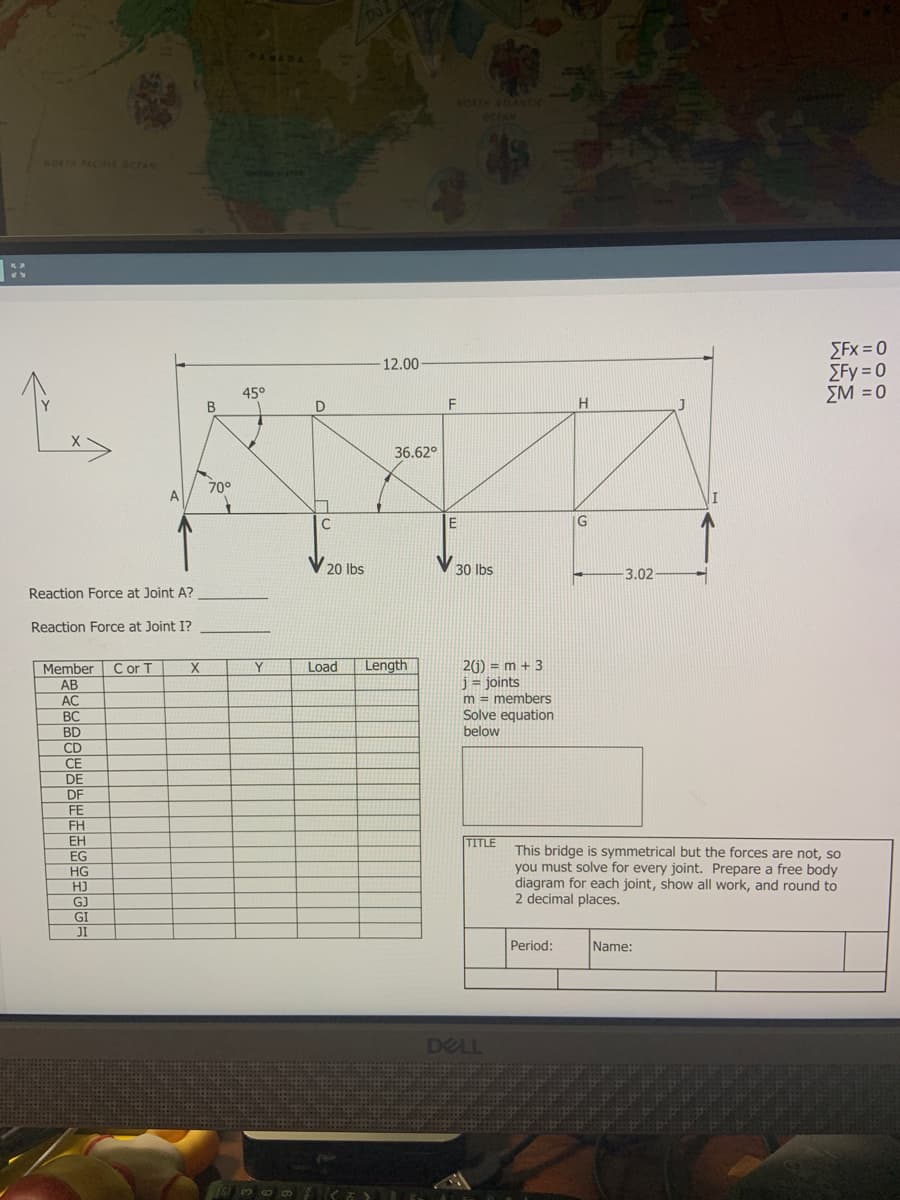 **
Reaction Force at Joint A?
Reaction Force at Joint I?
Member C or T
AB
AC
BC
BD
BD
CD
CE
DE
DF
FE
FH
EH
EG
HG
A
HJ
GJ
GI
JI
X
B
70°
45°
Y
S
D
7
C
20 lbs
Load
12.00-
36.62⁰
Length
F
E
*
WORTH ATLANTIC
25
30 lbs
2(j) = m + 3
j = joints
m = members
Solve equation
below
TITLE
DELL
H
Period:
G
3.02-
-
This bridge is symmetrical but the forces are not, so
you must solve for every joint. Prepare a free body
diagram for each joint, show all work, and round to
2 decimal places.
Name:
[Fx = 0
Fy=0
M = 0