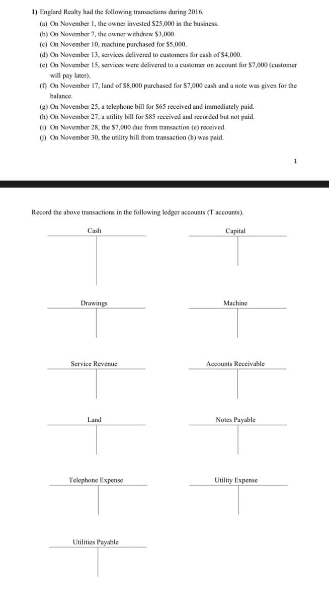 1) Englard Realty had the following transactions during 2016.
(a) On November 1, the owner invested $25,000 in the business.
(b) On November 7, the owner withdrew $3,000.
(c) On November 10, machine purchased for $5,000.
(d) On November 13, services delivered to customers for cash of $4,000.
(e) On November 15, services were delivered to a customer on account for $7,000 (customer
will pay later).
(f) On November 17, land of $8,000 purchased for S7,000 cash and a note was given for the
balance.
(g) On November 25, a telephone bill for $65 received and immediately paid.
(h) On November 27, a utility bill for $85 received and recorded but not paid.
(i) On November 28, the $7,000 due from transaction (e) received.
(i) On November 30, the utility bill from transaction (h) was paid.
1.
Record the above transactions in the following ledger accounts (T accounts).
Cash
Capital
Drawings
Machine
Service Revenue
Accounts Receivable
Land
Notes Payable
Telephone Expense
Utility Expense
Utilities Payable
