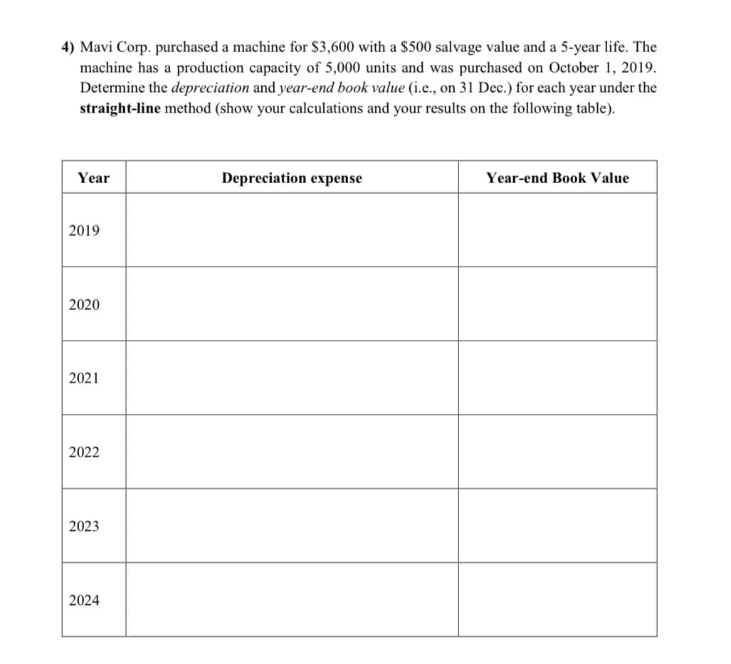 4) Mavi Corp. purchased a machine for $3,600 with a $500 salvage value and a 5-year life. The
machine has a production capacity of 5,000 units and was purchased on October 1, 2019.
Determine the depreciation and year-end book value (i.e., on 31 Dec.) for each year under the
straight-line method (show your calculations and your results on the following table).
Year
Depreciation expense
Year-end Book Value
2019
2020
2021
2022
2023
2024
