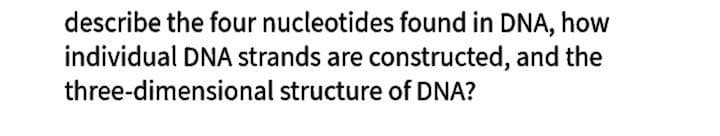 describe the four nucleotides found in DNA, how
individual DNA strands are constructed, and the
three-dimensional structure of DNA?
