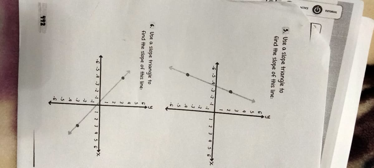 5. Use a slope triangle to
find the slope of this line:
442
6. Use a slope triangle to
ind the slope of this line:
-6 -5 -4 -3 -2 -1
-1
-5 -4
-3 -2 -1
-6
-4
-5
5
4
3
-2
-3
2
-1
-2
-3
-4
1
5
4
3
2
1
12
1 2
3
4
4 5 6
5