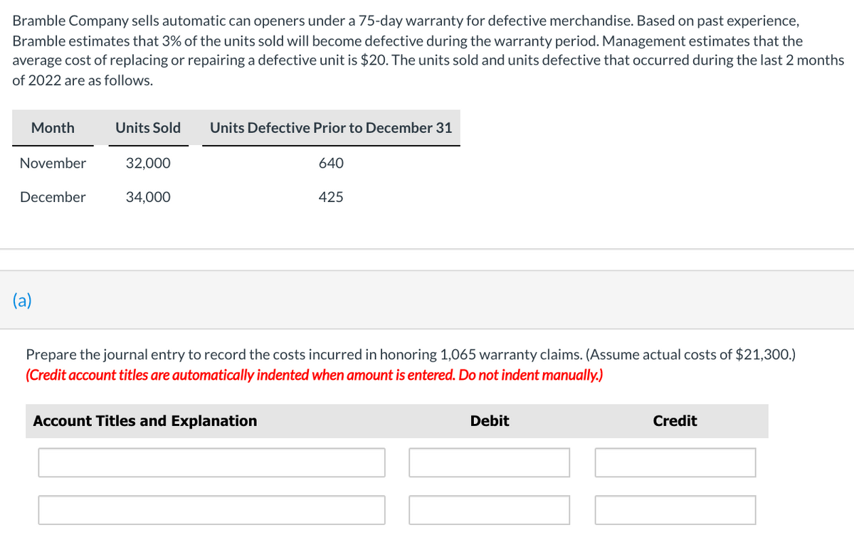 Bramble Company sells automatic can openers under a 75-day warranty for defective merchandise. Based on past experience,
Bramble estimates that 3% of the units sold will become defective during the warranty period. Management estimates that the
average cost of replacing or repairing a defective unit is $20. The units sold and units defective that occurred during the last 2 months
of 2022 are as follows.
Month
Units Sold
Units Defective Prior to December 31
November
32,000
640
December
34,000
425
(a)
Prepare the journal entry to record the costs incurred in honoring 1,065 warranty claims. (Assume actual costs of $21,300.)
(Credit account titles are automatically indented when amount is entered. Do not indent manually.)
Account Titles and Explanation
Debit
Credit
