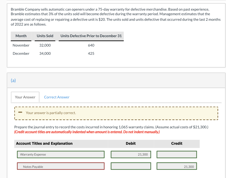 Bramble Company sells automatic can openers under a 75-day warranty for defective merchandise. Based on past experience,
Bramble estimates that 3% of the units sold will become defective during the warranty period. Management estimates that the
average cost of replacing or repairing a defective unit is $20. The units sold and units defective that occurred during the last 2 months
of 2022 are as follows.
Month
Units Sold
Units Defective Prior to December 31
November
32,000
640
December
34,000
425
(a)
Your Answer
Correct Answer
Your answer is partially correct.
Prepare the journal entry to record the costs incurred in honoring 1,065 warranty claims. (Assume actual costs of $21,300.)
(Credit account titles are automatically indented when amount is entered. Do not indent manually.)
Account Titles and Explanation
Debit
Credit
Warranty Expense
21,300
Notes Payable
21,300
