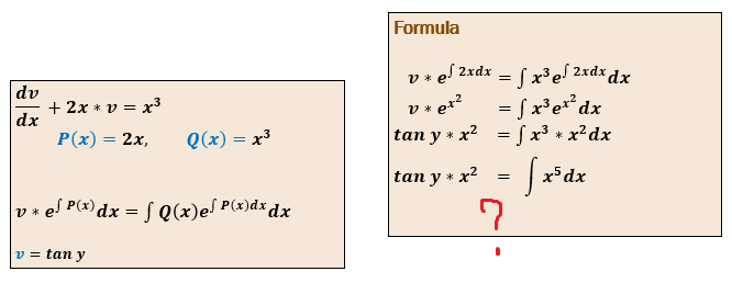 Formula
v + e! 2xdx = f x3 es 2xdx dx
= fx³e+*dx
= S x³ + x²dx
dv
+ 2x * v = x³
dx
v+ et?
Р(x) 3 2х,
Q(x) = x³
tan y * x2
*
tan y * x2
x5dx
v + e! P(x) dx = [ Q(x)e! P(x)dx dx
v = tan y
