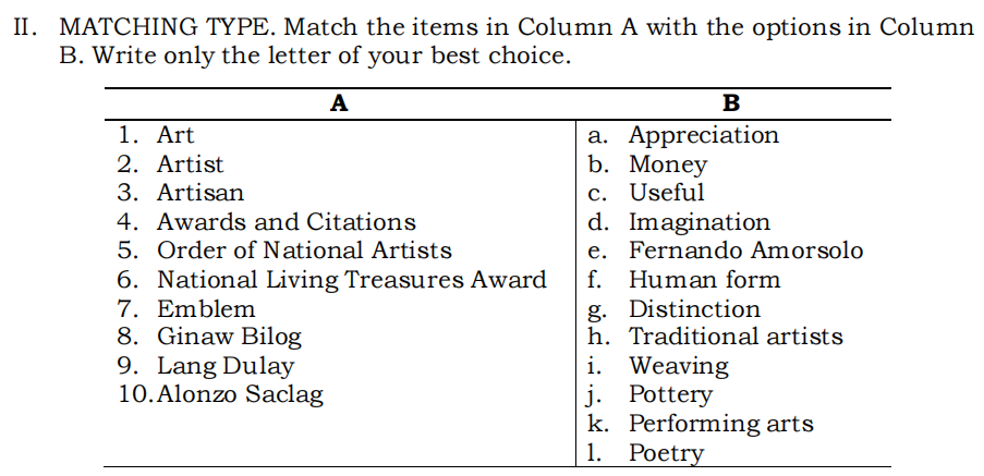 II. MATCHING TYPE. Match the items in Column A with the options in Column
B. Write only the letter of your best choice.
A
B
1. Art
2. Artist
3. Artisan
4. Awards and Citations
5. Order of National Artists
6. National Living Treasures Award
7. Emblem
8. Ginaw Bilog
9. Lang Dulay
10.Alonzo Saclag
a. Appreciation
b. Money
c. Useful
d. Imagination
e. Fernando Amorsolo
f. Human form
g. Distinction
h. Traditional artists
i. Weaving
j. Pottery
k. Performing arts
1. Роetry
