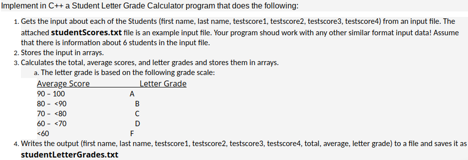 Implement in C++ a Student Letter Grade Calculator program that does the following:
1. Gets the input about each of the Students (first name, last name, testscore1, testscore2, testscore3, testscore4) from an input file. The
attached studentScores.txt file is an example input file. Your program shoud work with any other similar format input data! Assume
that there is information about 6 students in the input file.
2. Stores the input in arrays.
3. Calculates the total, average scores, and letter grades and stores them in arrays.
a. The letter grade is based on the following grade scale:
Average Score
Letter Grade
90 - 100
A
80 - <90
B
70 - <80
60 - <70
D
<60
F
4. Writes the output (first name, last name, testscore1, testscore2, testscore3, testscore4, total, average, letter grade) to a file and saves it as
studentLetterGrades.txt
