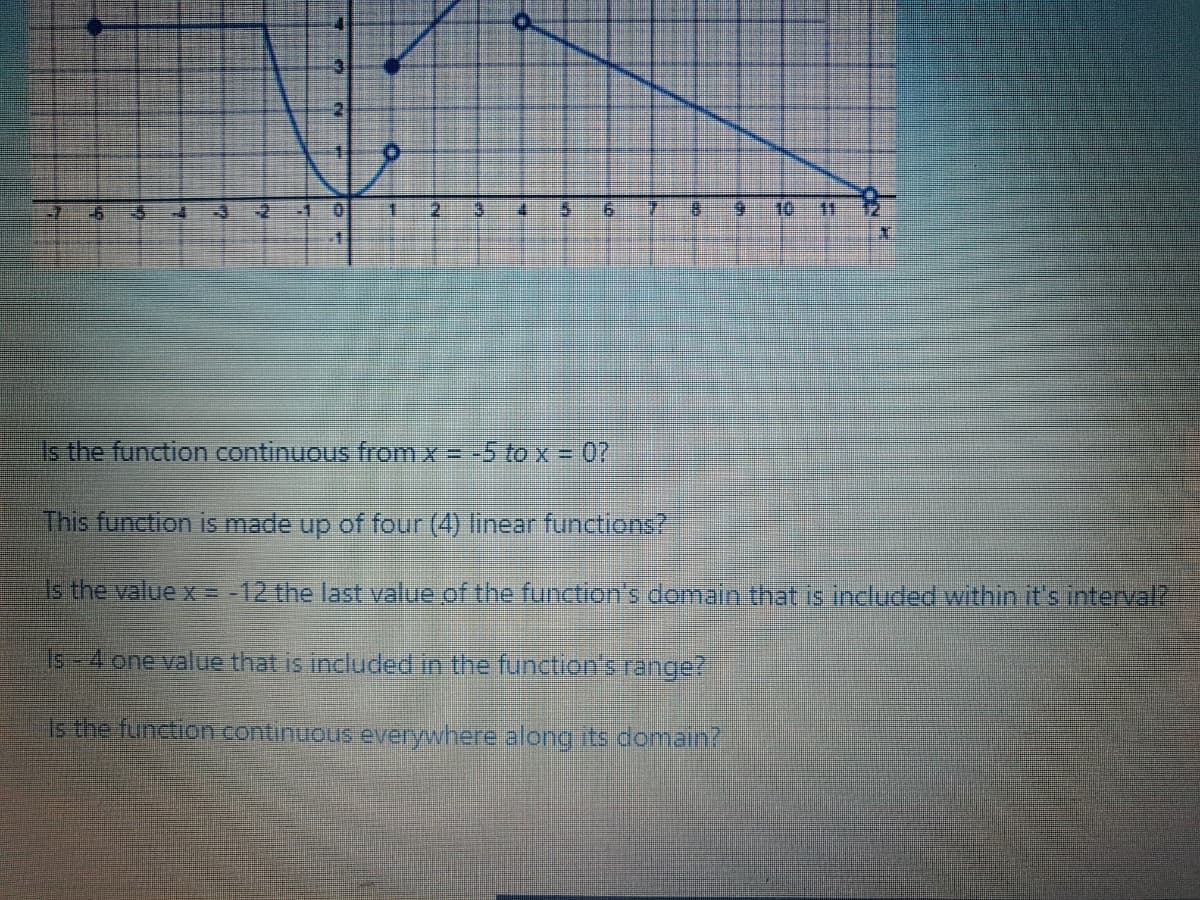 2.
10
11
Is the function continuous from x = -5 to x =07
This function is made up of four (4) linear functions?
Is the value x = -12 the last value of the function's domain that is included within it's interval?
Is -4 one value that is included in the functionsrange?
Is the function continuous everywhere along its domain?
