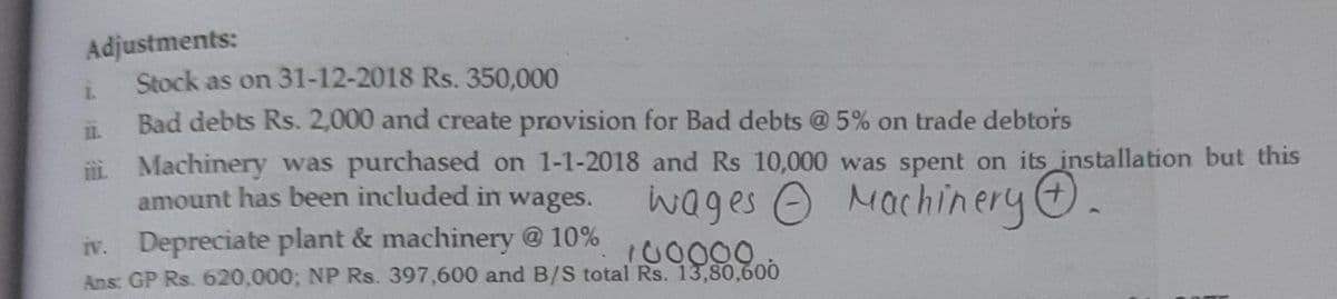 Adjustments:
Stock as on 31-12-2018 Rs. 350,000
Bad debts Rs. 2,000 and create provision for Bad debts @5% on trade debtors
1.
Machinery was purchased on 1-1-2018 and Rs 10,000 was spent on its installation but this
amount has been included in wages.
wages O
O Machinerye
iv. Depreciate plant & machinery @ 10%
Ans: GP Rs. 620,000; NP Rs. 397,600 and B/S total Rs. 13,80,600
100000
