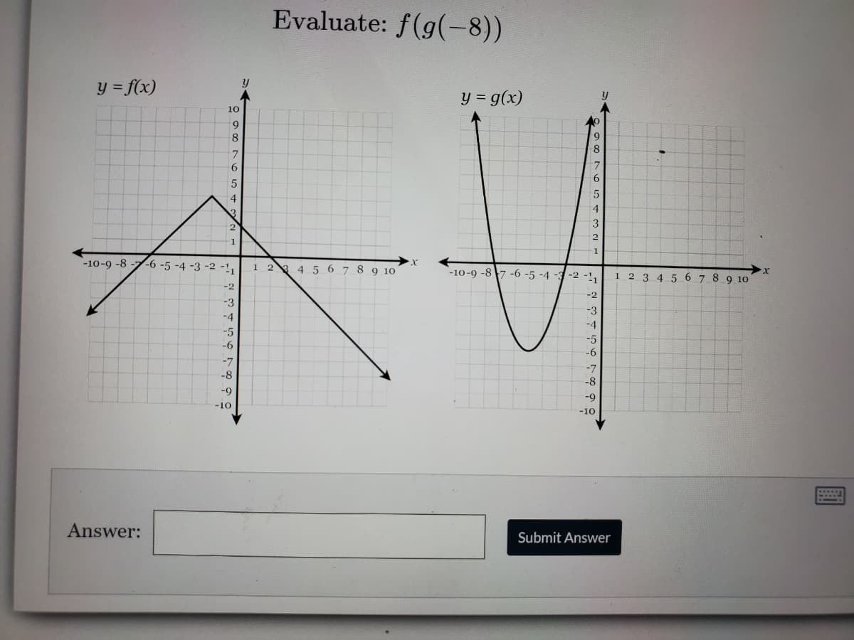 Evaluate: f(g(-8))
y = f(x)
y = g(x)
10
9
8.
8.
6
6.
4
3
2
2
-10-9 -8
-6 -5 -4 -3 -2 -!
2 4 5 67 8 9 10
1
-10-9 -8 7 -6 -5 -4 --2 -!
2 3 45 6 7 8 9 10
-2
-2
-3
-3
-4
-4
-5
-6
-5
-6
-7
-7
-8
-8
-9
-9
-10
-10
Answer:
Submit Answer
