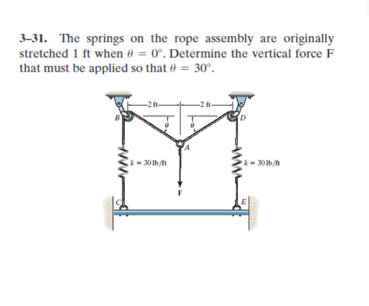 3–31. The springs on the rope assembly are originally
stretched 1 ft when 0 = 0°. Determine the vertical force F
that must be applied so that 0 = 30°.
-2 ft-
B
k = 30 lb/ft
k = 30 lb/ft
