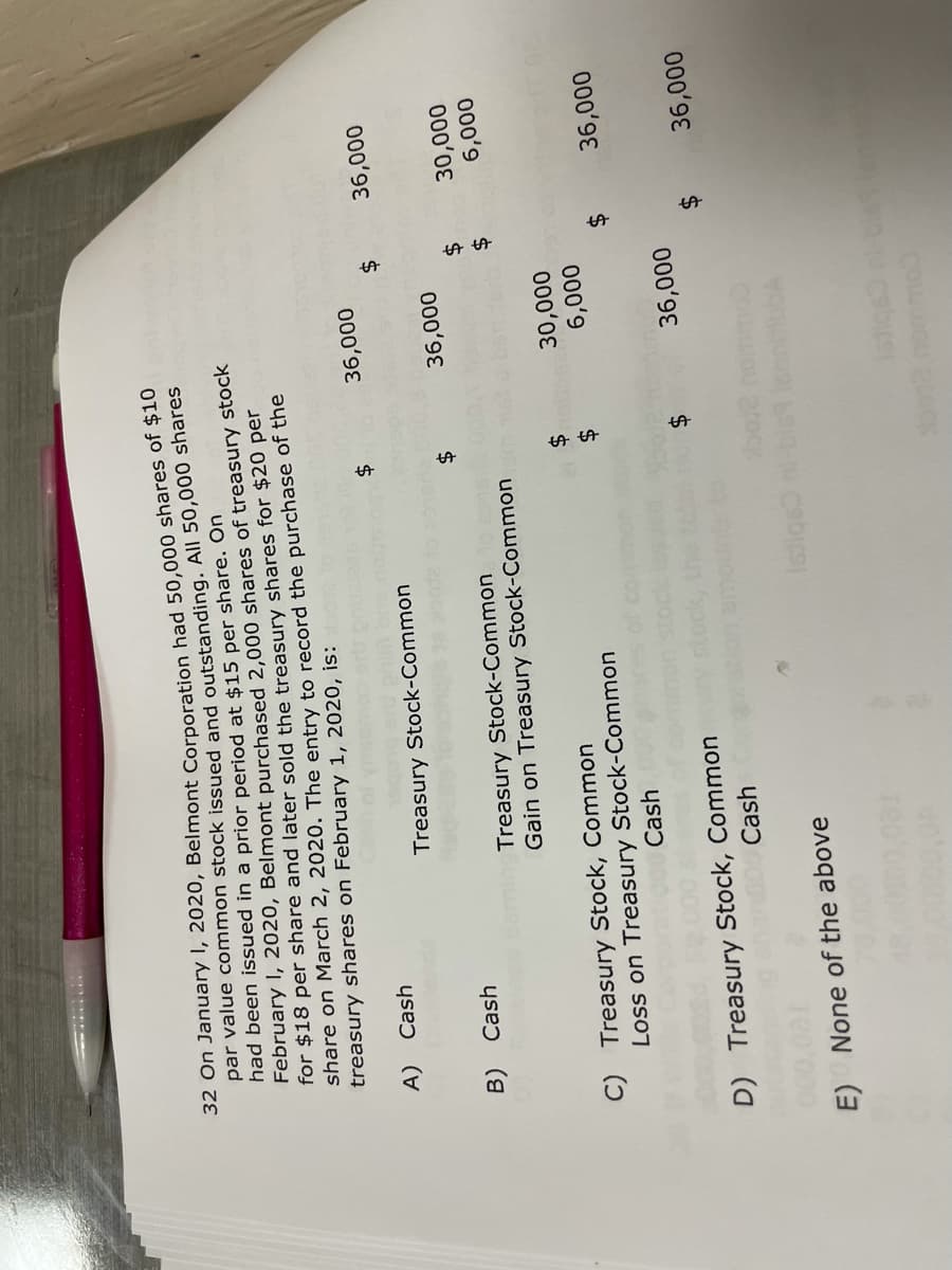 32 On January 1, 2020, Belmont Corporation had 50,000 shares of $10
par value common stock issued and outstanding. All 50,000 shares
had been issued in a prior period at $15 per share. On
February 1, 2020, Belmont purchased 2,000 shares of treasury stock
for $18 per share and later sold the treasury shares for $20 per
share on March 2, 2020. The entry to record the purchase of the
treasury shares on February 1, 2020, is:ta
A)
Cash
36,000
Treasury Stock-Common
B) Cash
36,000
Treasury Stock-Common
Gain on Treasury Stock-Common
C) Treasury Stock, Common
D) Treasury Stock, Common
Cash
E) None of the above
78.0
Loss on Treasury Stock-Common
000 Cash
$
$
boj
Istiqs nl-b
$
30,000
6,000
$
36,000
36,000
$
30,000
6,000
36,000
36,000