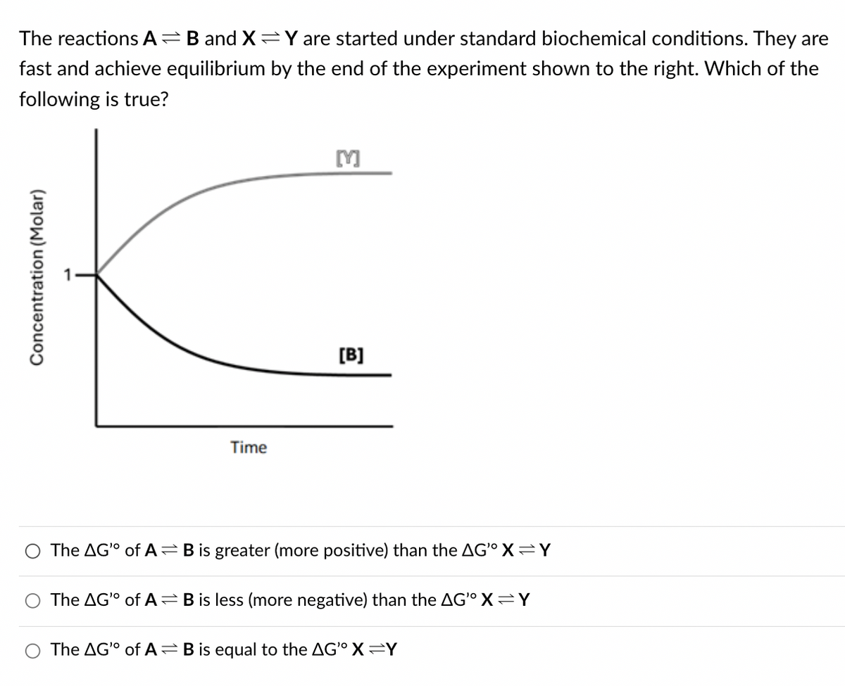 The reactions A B and X Y are started under standard biochemical conditions. They are
fast and achieve equilibrium by the end of the experiment shown to the right. Which of the
following is true?
Concentration (Molar)
Time
[B]
M
The AG of AB is greater (more positive) than the AG X=Y
The AG of AB is less (more negative) than the AG' X Y
The AG' of AB is equal to the AGO X Y