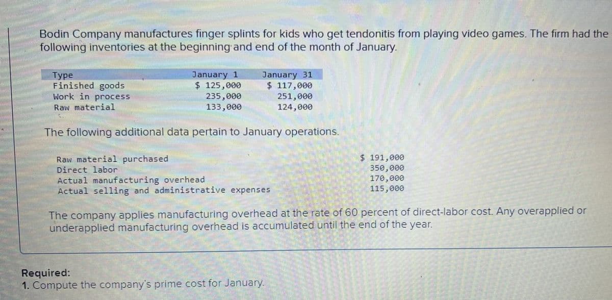 Bodin Company manufactures finger splints for kids who get tendonitis from playing video games. The firm had the
following inventories at the beginning and end of the month of January.
Type
Finished goods
Work in process
Raw material
January 1
$ 125,000
235,000
133,000
January 31
$ 117,000
251,000
124,000
The following additional data pertain to January operations.
Raw material purchased
Direct labor
Actual manufacturing overhead
Actual selling and administrative expenses
$191,000
350,000
170,000
115,000
The company applies manufacturing overhead at the rate of 60 percent of direct-labor cost. Any overapplied or
underapplied manufacturing overhead is accumulated until the end of the year.
Required:
1. Compute the company's prime cost for January.