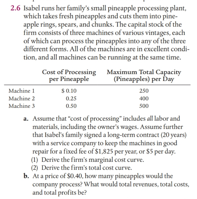 2.6 Isabel runs her family's small pineapple processing plant,
which takes fresh pineapples and cuts them into pine-
apple rings, spears, and chunks. The capital stock of the
firm consists of three machines of various vintages, each
of which can the pineapples into any of the three
different forms. All of the machines are in excellent condi-
process
tion, and all machines can be running at the same time.
Cost of Processing
per Pineapple
Maximum Total Capacity
(Pineapples) per Day
Machine 1
$ 0.10
250
Machine 2
0.25
400
Machine 3
0.50
500
a. Assume that “cost of processing" includes all labor and
materials, including the owner's wages. Assume further
that Isabel's family signed a long-term contract (20 years)
with a service company to keep the machines in good
repair for a fixed fee of $1,825 per year, or $5 per day.
(1) Derive the firm's marginal cost curve.
(2) Derive the firm's total cost curve.
b. At a price of $0.40, how many pineapples would the
company process? What would total revenues, total costs,
and total profits be?
