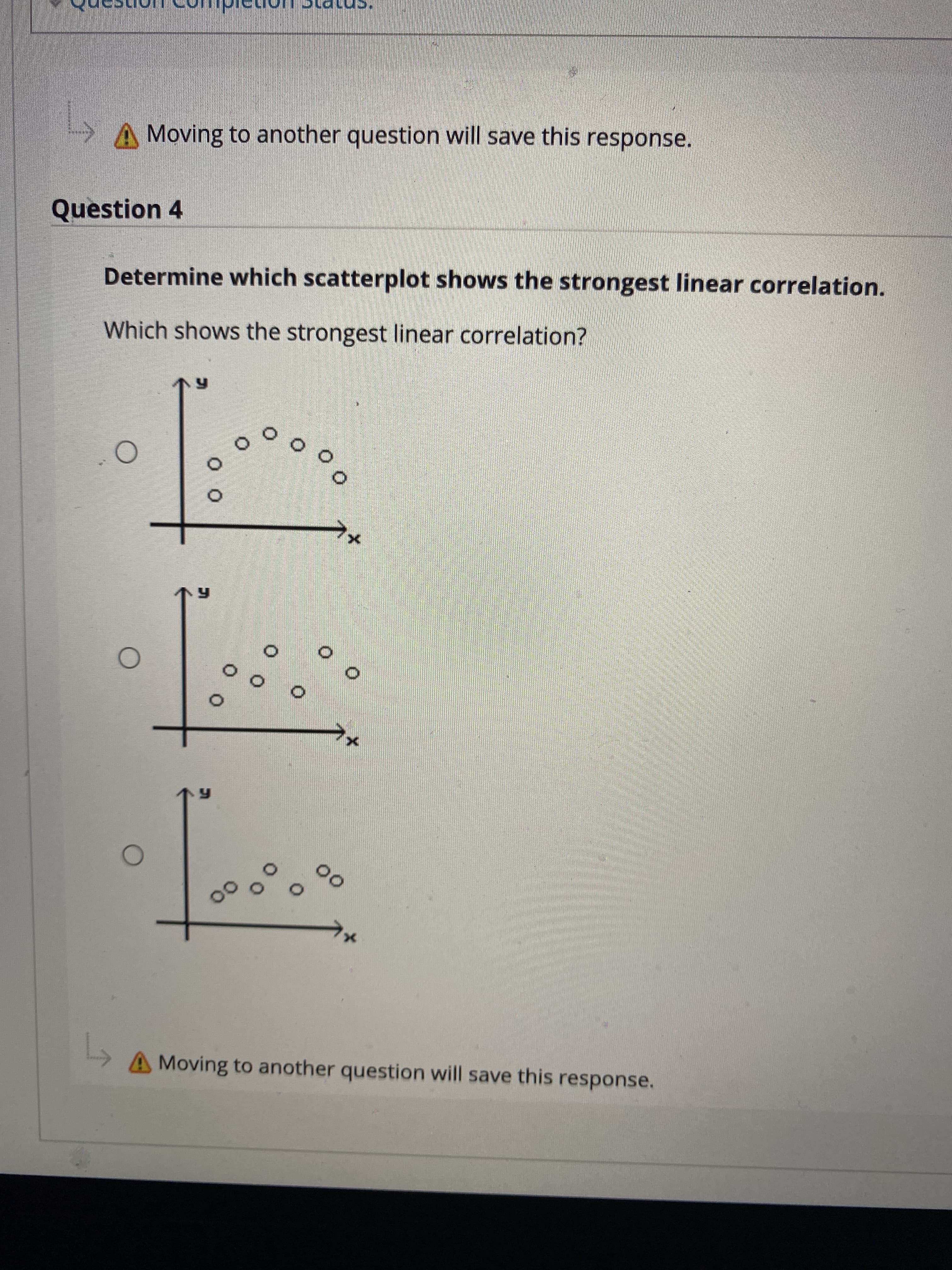 Determine which scatterplot shows the strongest linear correlation.
Which shows the strongest linear correlation?
