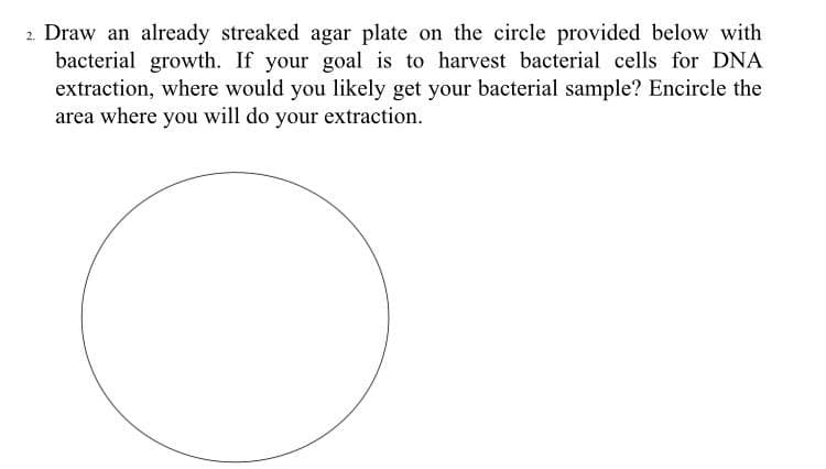 2. Draw an already streaked agar plate on the circle provided below with
bacterial growth. If your goal is to harvest bacterial cells for DNA
extraction, where would you likely get your bacterial sample? Encircle the
area where you will do your extraction.
