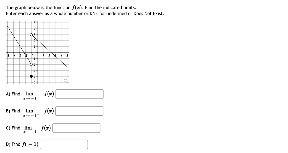 The graph below is the function f(x). Find the indicated limits.
Enter each answer as a whole number or DNE for undefined or Does Not Exist.
5+
4
Q3
2
1
-5 -4 -3 -2 -1
B) Find
-1
0-2
4
--5
A) Find lim
x→-1-
lim
+ [ - ←x
1 2 3 4 5
D) Find f(− 1)
f(x)
f(x)
C) Find lim f(x)
x →-1