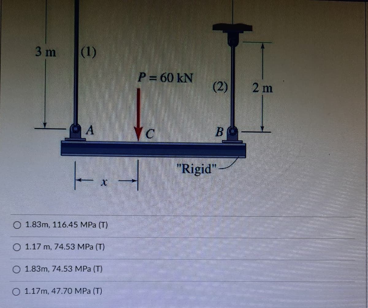 3 m
(1)
P= 60 kN
(2)
2 m
A
"Rigid"
1.83m, 116.45 MPа (T)
О 1.17 m, 74.53 MPа (Т)
О 1.83m, 74.53 MPа (Т)
O 1.17m, 47.70 MPa (T)
