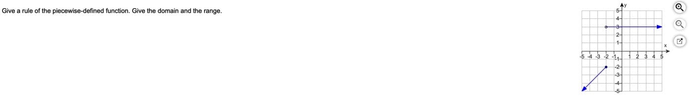 Ay
Give a rule of the piecewise-defined function. Give the domain and the range.
5-
4-
2-
1-
5 4 -3 -2 -1
1 2
-2-
-3-
