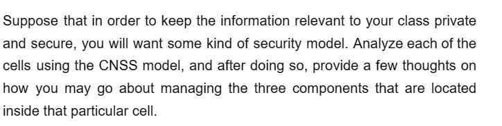 Suppose that in order to keep the information relevant to your class private
and secure, you will want some kind of security model. Analyze each of the
cells using the CNSS model, and after doing so, provide a few thoughts on
how you may go about managing the three components that are located
inside that particular cell.