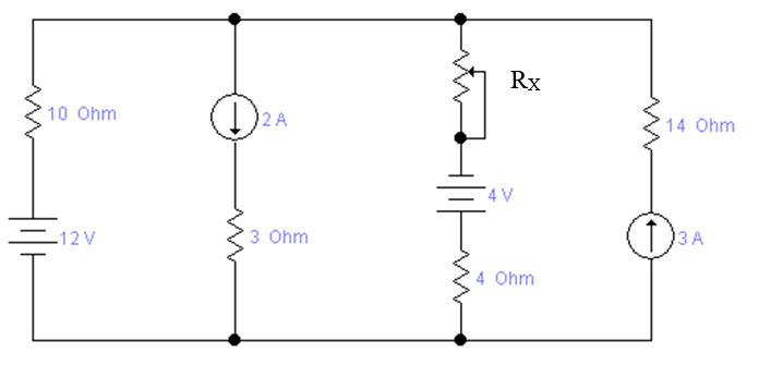 Rx
10 Ohm
2 A
14 Ohm
4 V
=12 V
3 Ohm
ЗА
4 Ohm
