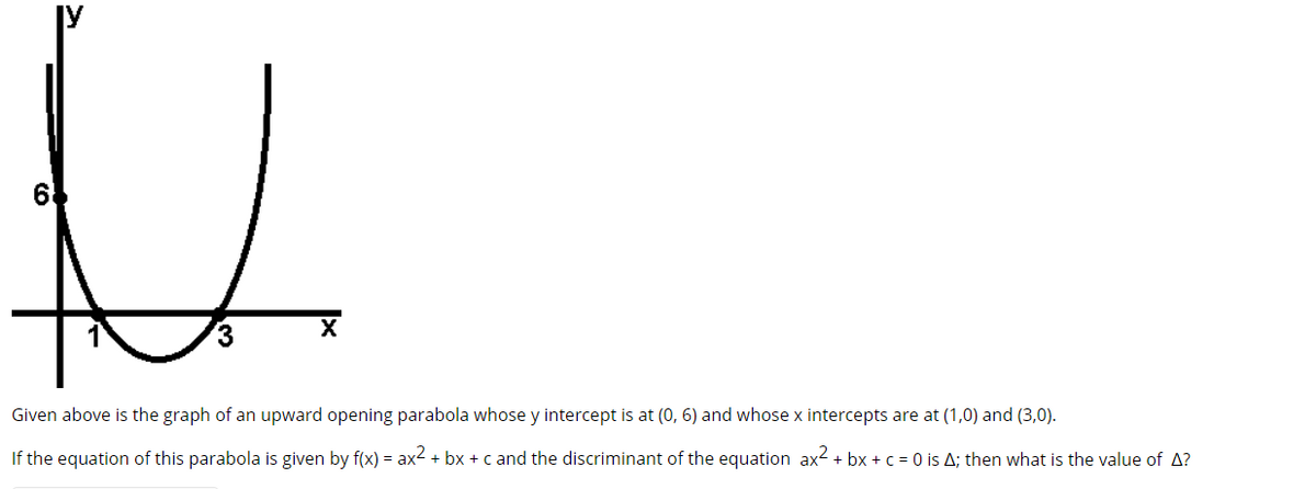 6
Given above is the graph of an upward opening parabola whose y intercept is at (0, 6) and whose x intercepts are at (1,0) and (3,0).
If the equation of this parabola is given by f(x) = ax2 + bx + cand the discriminant of the equation ax2 + bx +c = 0 is A; then what is the value of A?
