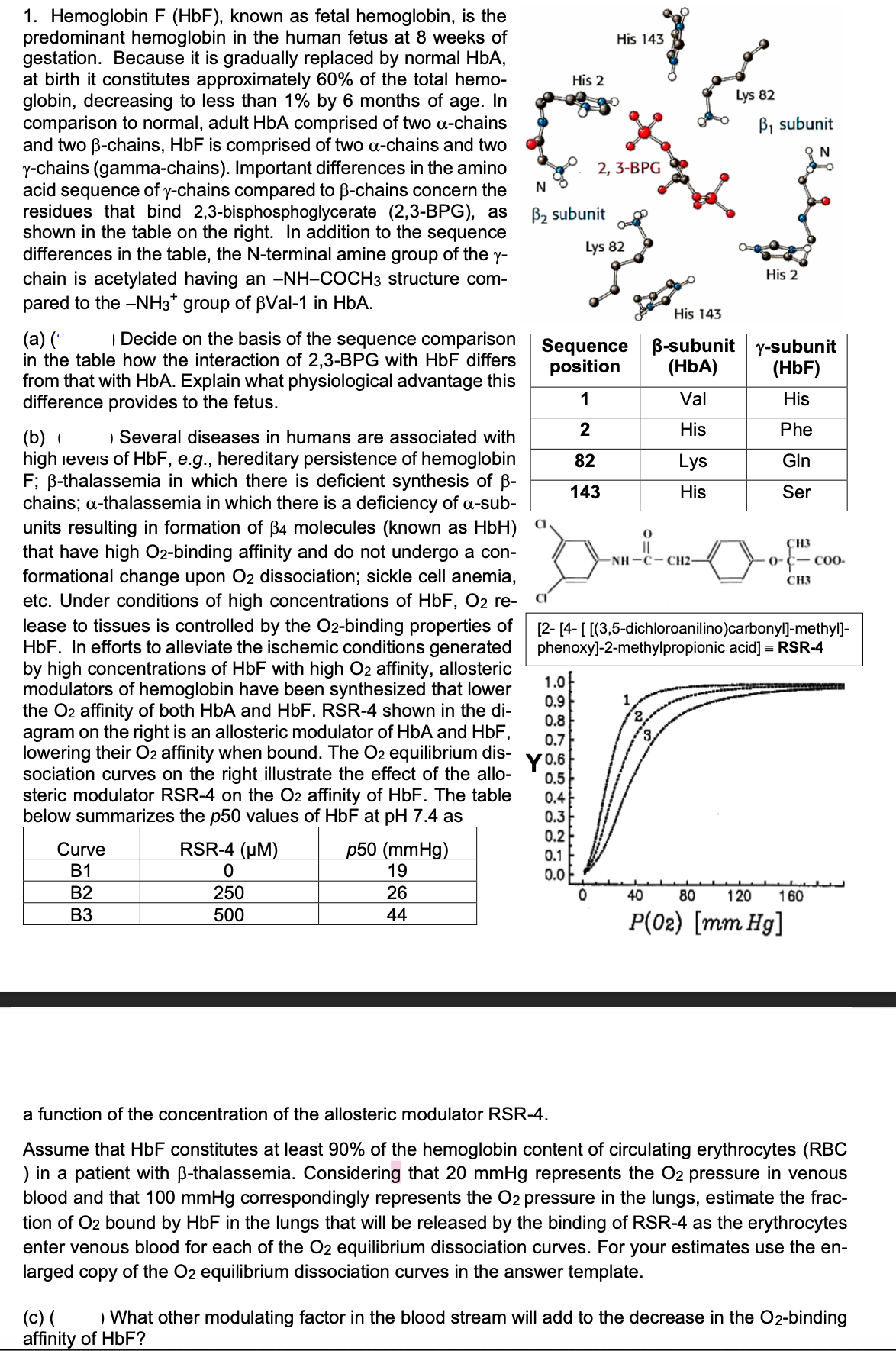 1. Hemoglobin F (HbF), known as fetal hemoglobin, is the
predominant hemoglobin in the human fetus at 8 weeks of
gestation. Because it is gradually replaced by normal HbA,
at birth it constitutes approximately 60% of the total hemo-
globin, decreasing to less than 1% by 6 months of age. In
comparison to normal, adult HbA comprised of two α-chains
and two ẞ-chains, HbF is comprised of two a-chains and two
y-chains (gamma-chains). Important differences in the amino
acid sequence of y-chains compared to ẞ-chains concern the
residues that bind 2,3-bisphosphoglycerate (2,3-BPG), as
shown in the table on the right. In addition to the sequence
differences in the table, the N-terminal amine group of the y-
chain is acetylated having an -NH-COCH3 structure com-
pared to the -NH3* group of ẞVal-1 in HbA.
(a) ('
Decide on the basis of the sequence comparison
in the table how the interaction of 2,3-BPG with HbF differs
from that with HbA. Explain what physiological advantage this
difference provides to the fetus.
(b)
Several diseases in humans are associated with
high levels of HbF, e.g., hereditary persistence of hemoglobin
F; ẞ-thalassemia in which there is deficient synthesis of ẞ-
chains; a-thalassemia in which there is a deficiency of a-sub-
units resulting in formation of ẞ4 molecules (known as HbH)
that have high O2-binding affinity and do not undergo a con-
formational change upon O2 dissociation; sickle cell anemia,
etc. Under conditions of high concentrations of HbF, O2 re-
lease to tissues is controlled by the O2-binding properties of
HbF. In efforts to alleviate the ischemic conditions generated
by high concentrations of HbF with high O2 affinity, allosteric
modulators of hemoglobin have been synthesized that lower
the O2 affinity of both HbA and HbF. RSR-4 shown in the di-
agram on the right is an allosteric modulator of HbA and HbF,
lowering their O2 affinity when bound. The O2 equilibrium dis-
sociation curves on the right illustrate the effect of the allo-
steric modulator RSR-4 on the O2 affinity of HbF. The table
below summarizes the p50 values of HbF at pH 7.4 as
Curve
B1
RSR-4 (μM)
0
B2
250
B3
500
p50 (mmHg)
19
26
44
N
His 2
His 143
2, 3-BPG
B₂ subunit
Lys 82
Lys 82
B₁ subunit
N
His 2
His 143
Sequence
position
ẞ-subunit
(HbA)
y-subunit
(HbF)
1
Val
His
2
His
Phe
82
Lys
Gln
143
His
Ser
a1
CH3
-NH-C- CH2
0-
COO-
CH3
CI
[2-[4-[[(3,5-dichloroanilino)carbonyl]-methyl]-
phenoxy]-2-methylpropionic acid] = RSR-4
1.0
0.9
1
0.8
0.7
Y 0.6
0.5
0.4
0.3
0.2
0.1
0.0
0
40
80 120 160
P(02) [mm Hg]
a function of the concentration of the allosteric modulator RSR-4.
Assume that HbF constitutes at least 90% of the hemoglobin content of circulating erythrocytes (RBC
) in a patient with ẞ-thalassemia. Considering that 20 mmHg represents the O2 pressure in venous
blood and that 100 mmHg correspondingly represents the O2 pressure in the lungs, estimate the frac-
tion of O2 bound by HbF in the lungs that will be released by the binding of RSR-4 as the erythrocytes
enter venous blood for each of the O2 equilibrium dissociation curves. For your estimates use the en-
larged copy of the O2 equilibrium dissociation curves in the answer template.
(c) (
) What other modulating factor in the blood stream will add to the decrease in the O2-binding
affinity of HbF?