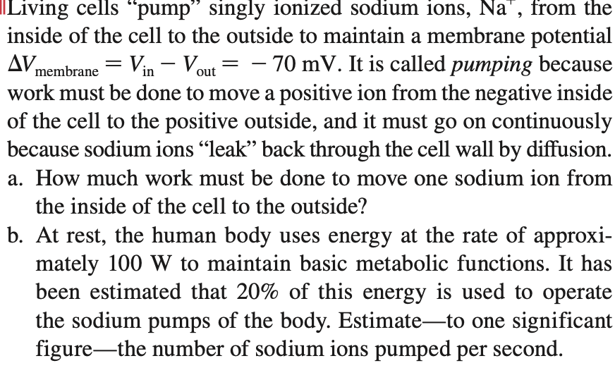 Living cells "pump" singly ionized sodium ions, Na", from the
inside of the cell to the outside to maintain a membrane potential
AV membrane = Vin - Vout - 70 mV. It is called pumping because
work must be done to move a positive ion from the negative inside
of the cell to the positive outside, and it must go on continuously
because sodium ions "leak" back through the cell wall by diffusion.
a. How much work must be done to move one sodium ion from
the inside of the cell to the outside?
b. At rest, the human body uses energy at the rate of approxi-
mately 100 W to maintain basic metabolic functions. It has
been estimated that 20% of this energy is used to operate
the sodium pumps of the body. Estimate-to one significant
figure the number of sodium ions pumped per second.