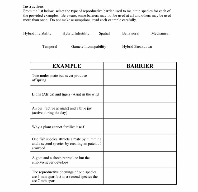 Instructions:
From the list below, select the type of reproductive barrier used to maintain species for each of
the provided examples. Be aware, some barriers may not be used at all and others may be used
more than once. Do not make assumptions, read each example carefully.
Hybrid Inviability
Hybrid Infertility
Spatial
Behavioral
Mechanical
Temporal
Gamete Incompability
Hybrid Breakdown
EXAMPLE
BARRIER
Two mules mate but never produce
offspring
Lions (Africa) and tigers (Asia) in the wild
An owl (active at night) and a blue jay
(active during the day)
Why a plant cannot fertilize itself
One fish species attracts a mate by humming
and a second species by creating an patch of
seaweed
A goat and a sheep reproduce but the
embryo never develops
The reproductive openings of one species
are 3 mm apart but in a second species the
are 7 mm apart
