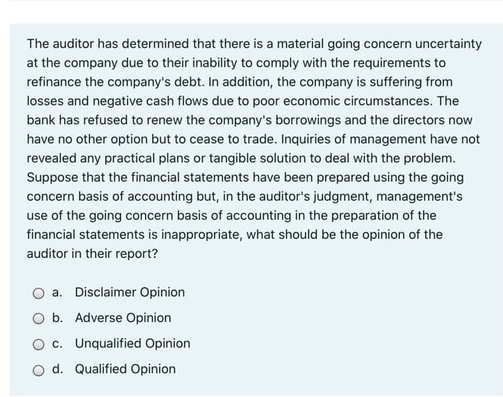 The auditor has determined that there is a material going concern uncertainty
at the company due to their inability to comply with the requirements to
refinance the company's debt. In addition, the company is suffering from
losses and negative cash flows due to poor economic circumstances. The
bank has refused to renew the company's borrowings and the directors now
have no other option but to cease to trade. Inquiries of management have not
revealed any practical plans or tangible solution to deal with the problem.
Suppose that the financial statements have been prepared using the going
concern basis of accounting but, in the auditor's judgment, management's
use of the going concern basis of accounting in the preparation of the
financial statements is inappropriate, what should be the opinion of the
auditor in their report?
a. Disclaimer Opinion
O b. Adverse Opinion
O c. Unqualified Opinion
O d. Qualified Opinion
