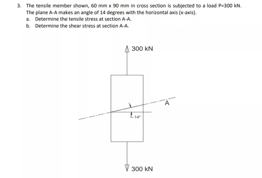 3. The tensile member shown, 60 mm x 90 mm in cross section is subjected to a load P=300 kN.
The plane A-A makes an angle of 14 degrees with the horizontal axis (x-axis).
a. Determine the tensile stress at section A-A.
b. Determine the shear stress at section A-A.
300 kN
A
E14°
300 kN
