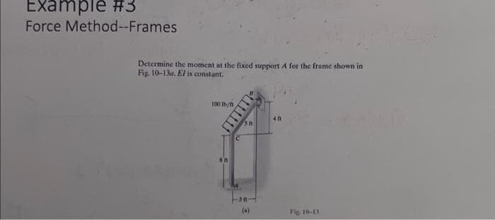 Example #3
Force Method--Frames
Determine the moment at the fixed support A for the frame shown in
Fig. 10-13a. El is constant.
100 fb/f
80
sh
(0)
40
Fig. 10-13