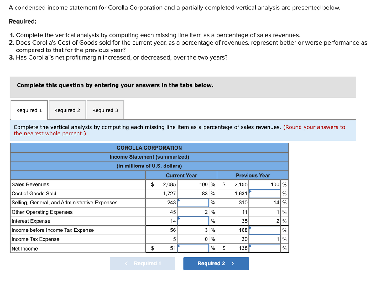 A condensed income statement for Corolla Corporation and a partially completed vertical analysis are presented below.
Required:
1. Complete the vertical analysis by computing each missing line item as a percentage of sales revenues.
2. Does Corolla's Cost of Goods sold for the current year, as a percentage of revenues, represent better or worse performance as
compared to that for the previous year?
3. Has Corolla"s net profit margin increased, or decreased, over the two years?
Complete this question by entering your answers in the tabs below.
Required 1
Required 2
Required 3
Complete the vertical analysis by computing each missing line item as a percentage of sales revenues. (Round your answers to
the nearest whole percent.)
COROLLA CORPORATION
Income Statement (summarized)
(in millions of U.S. dollars)
Current Year
Previous Year
Sales Revenues
$
2,085
100 %
$
2,155
100 %
Cost of Goods Sold
1,727
83 %
1,631
%
Selling, General, and Administrative Expenses
243
%
310
14 %
Other Operating Expenses
45
2 %
11
1%
Interest Expense
14
%
35
2 %
Income before Income Tax Expense
56
3 %
168
|%
Income Tax Expense
0 %
30
1%
Net Income
$
51
$
138
%
< Required 1
Required 2 >
