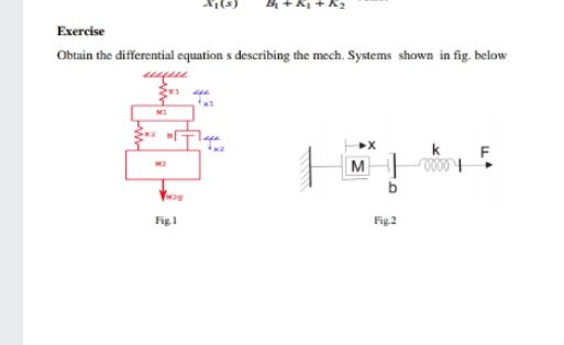 Exercise
Obtain the differential equation s describing the mech. Systems shown in fig. below
|M
k
F.
0000
Fig. 1
Fig 2
