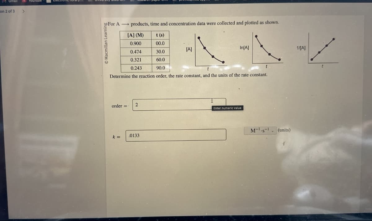 M Gmail
on 2 of 3
>
bo For A products, time and concentration data were collected and plotted as shown.
Macmillan Learning
[A] (M)
t(s)
0.900
00.0
0.474
30.0
[A]
0.321
60.0
0.243
90.0
In[A]
Determine the reaction order, the rate constant, and the units of the rate constant.
order=
2
k =
.0133
Enter numeric value
Ms (units)
1/[A]