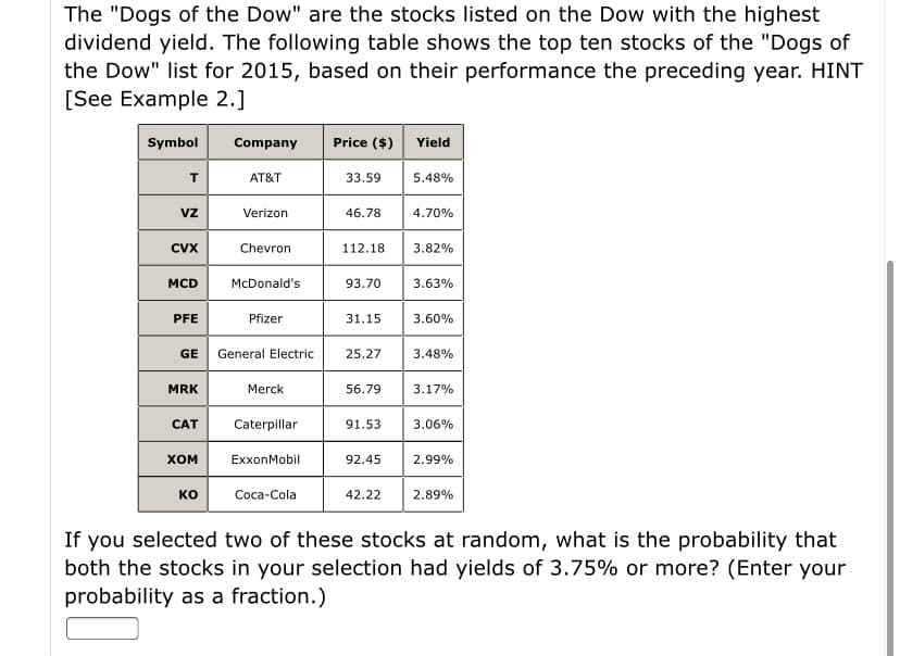 The "Dogs of the Dow" are the stocks listed on the Dow with the highest
dividend yield. The following table shows the top ten stocks of the "Dogs of
the Dow" list for 2015, based on their performance the preceding year. HINT
[See Example 2.]
Symbol
Company
Price ($) Yield
AT&T
33.59
5.48%
Vz
Verizon
46.78
4.70%
CVX
Chevron
112.18
3.82%
MCD
McDonald's
93.70
3.63%
PFE
Pfizer
31.15
3.60%
GE
General Electric
25.27
3.48%
MRK
Merck
56.79
3.17%
CAT
Caterpillar
91.53
3.06%
хом
ExxonMobil
92.45
2.99%
ко
Соса-Cola
42.22
2.89%
If you selected two of these stocks at random, what is the probability that
both the stocks in your selection had yields of 3.75% or more? (Enter your
probability as a fraction.)
