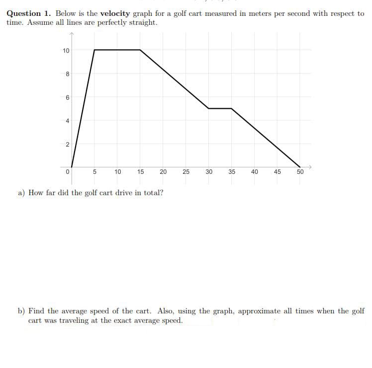 a
Question 1. Below is the velocity graph for a golf cart measured in meters per second with respect to
time. Assume all lines are perfectly straight.
10
8
6
4
2
0
5
10
15
20
a) How far did the golf cart drive in total?
25
30
35
40
45
50
b) Find the average speed of the cart. Also, using the graph, approximate all times when the golf
cart was traveling at the exact average speed.