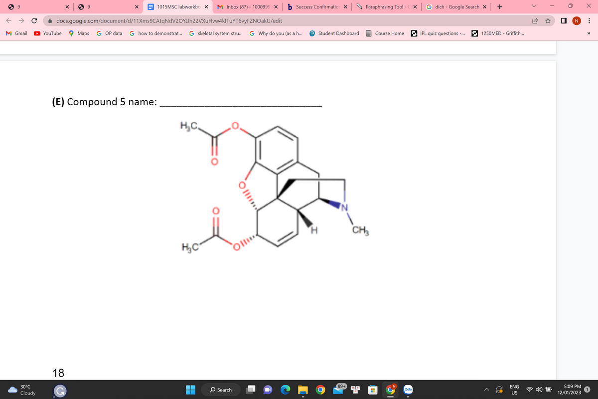 9
← →
M Gmail
с
30°C
Cloudy
1015MSC labworkbo X M Inbox (87) - 1000999 X
docs.google.com/document/d/11Xms9CAtqNdV2OYJJh22VXuHvw4klTuYT6vyFZNOakU/edit
Maps G OP data G how to demonstrat... G skeletal system stru... G Why do you (as a h... P Student Dashboard
YouTube
X
59
18
G
X
(E) Compound 5 name:
H₂C
R
'Н
H₂C
b Success Confirmation X
Ollu
O Search
N
99+
Paraphrasing Tool - CX
CH₂
H
Course Home
Zalo
G dich - Google Search X
IPL quiz questions -...
+
1250MED - Griffith...
ENG
US
T
□
X
N :
5:09 PM
12/01/2023