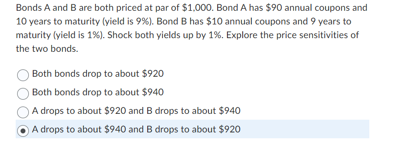 Bonds A and B are both priced at par of $1,000. Bond A has $90 annual coupons and
10 years to maturity (yield is 9%). Bond B has $10 annual coupons and 9 years to
maturity (yield is 1%). Shock both yields up by 1%. Explore the price sensitivities of
the two bonds.
Both bonds drop to about $920
Both bonds drop to about $940
A drops to about $920 and B drops to about $940
A drops to about $940 and B drops to about $920