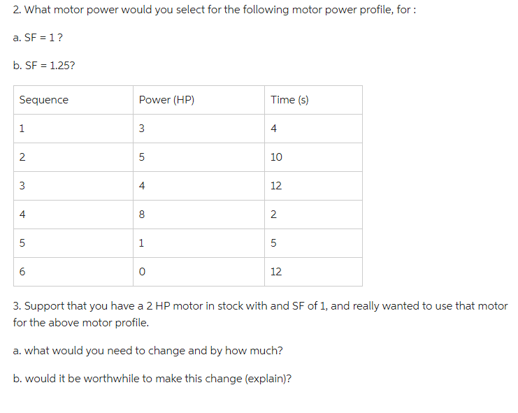 2. What motor power would you select for the following motor power profile, for:
a. SF = 1 ?
b. SF = 1.25?
Sequence
1
2
3
5
6
Power (HP)
3
5
4
8
1
0
Time (s)
4
10
12
2
5
12
3. Support that you have a 2 HP motor in stock with and SF of 1, and really wanted to use that motor
for the above motor profile.
a. what would you need to change and by how much?
b. would it be worthwhile to make this change (explain)?