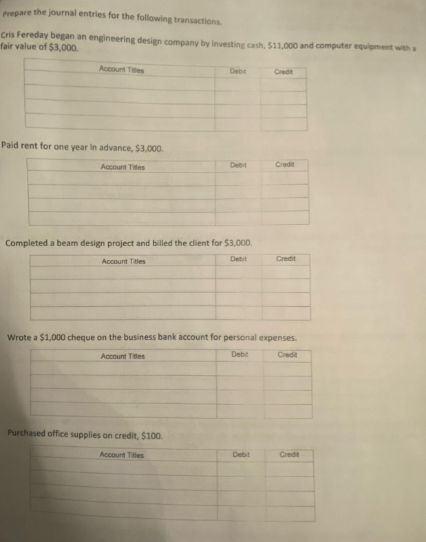 Prepare the journal entries for the following transactions.
Cris Fereday began an engineering design company by investing cash, $11,000 and computer equipment with a
fair value of $3,000.
Account Titles
Paid rent for one year in advance, $3,000.
Account Titles
Account Titles
Completed a beam design project and billed the client for $3,000.
Debit
Debit
Purchased office supplies on credit, $100.
Debit
Account Titles
Credit
Wrote a $1,000 cheque on the business bank account for personal expenses.
Debit
Account Titles
Debit
Credit
Credit
Credit
Credit