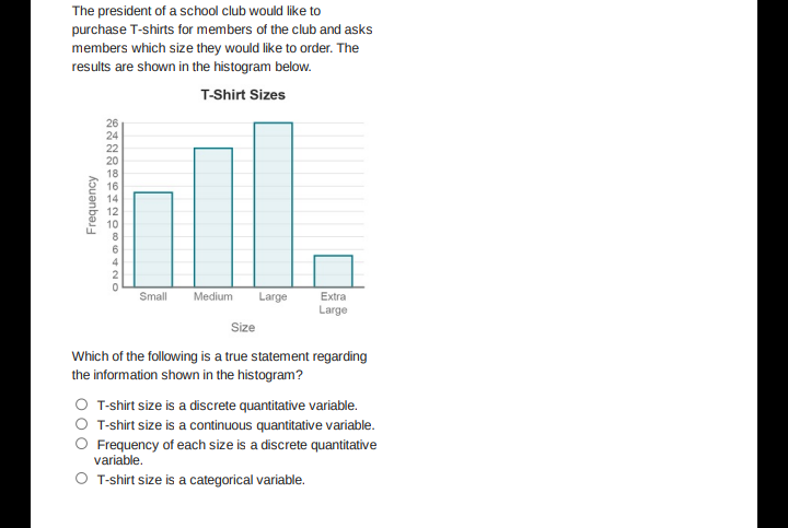 The president of a school club would like to
purchase T-shirts for members of the club and asks
members which size they would like to order. The
results are shown in the histogram below.
T-Shirt Sizes
24
22
20
18
16
14
Small
Medium
Large
Extra
Large
Size
Which of the following is a true statement regarding
the information shown in the histogram?
O T-shirt size is a discrete quantitative variable.
O T-shirt size is a continuous quantitative variable.
O Frequency of each size is a discrete quantitative
variable.
O T-shirt size is a categorical variable.
kouanbes
