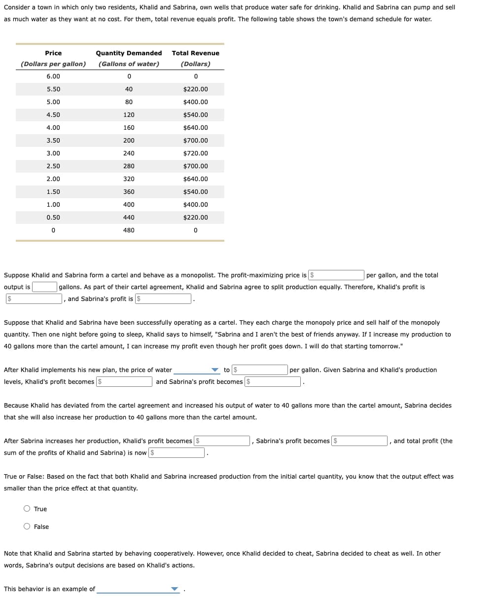 Consider a town in which only two residents, Khalid and Sabrina, own wells that produce water safe for drinking. Khalid and Sabrina can pump and sell
as much water as they want at no cost. For them, total revenue equals profit. The following table shows the town's demand schedule for water.
Price
(Dollars per gallon)
Quantity Demanded
Total Revenue
(Gallons of water)
(Dollars)
6.00
0
0
5.50
40
$220.00
5.00
80
$400.00
4.50
120
$540.00
4.00
160
$640.00
3.50
200
$700.00
3.00
240
$720.00
2.50
280
$700.00
2.00
320
$640.00
1.50
360
$540.00
1.00
400
$400.00
0.50
440
$220.00
0
480
0
Suppose Khalid and Sabrina form a cartel and behave as a monopolist. The profit-maximizing price is $
output is
$
per gallon, and the total
gallons. As part of their cartel agreement, Khalid and Sabrina agree to split production equally. Therefore, Khalid's profit is
, and Sabrina's profit is $
Suppose that Khalid and Sabrina have been successfully operating as a cartel. They each charge the monopoly price and sell half of the monopoly
quantity. Then one night before going to sleep, Khalid says to himself, "Sabrina and I aren't the best of friends anyway. If I increase my production to
40 gallons more than the cartel amount, I can increase my profit even though her profit goes down. I will do that starting tomorrow."
After Khalid implements his new plan, the price of water
levels, Khalid's profit becomes $
to $
per gallon. Given Sabrina and Khalid's production
and Sabrina's profit becomes $
Because Khalid has deviated from the cartel agreement and increased his output of water to 40 gallons more than the cartel amount, Sabrina decides
that she will also increase her production to 40 gallons more than the cartel amount.
After Sabrina increases her production, Khalid's profit becomes $
sum of the profits of Khalid and Sabrina) is now $
Sabrina's profit becomes $
and total profit (the
True or False: Based on the fact that both Khalid and Sabrina increased production from the initial cartel quantity, you know that the output effect was
smaller than the price effect at that quantity.
True
False
Note that Khalid and Sabrina started by behaving cooperatively. However, once Khalid decided to cheat, Sabrina decided to cheat as well. In other
words, Sabrina's output decisions are based on Khalid's actions.
This behavior is an example of